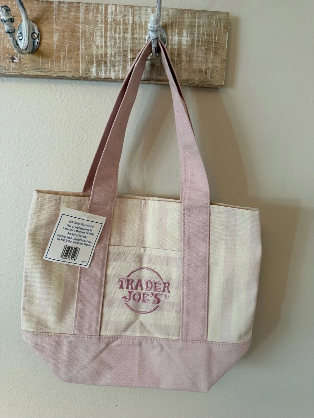 🛍️✨ NWT Mini Trader Joe's Canvas Tote Bag – Pink & Beige Stripes 🔥 NEW RELEASE